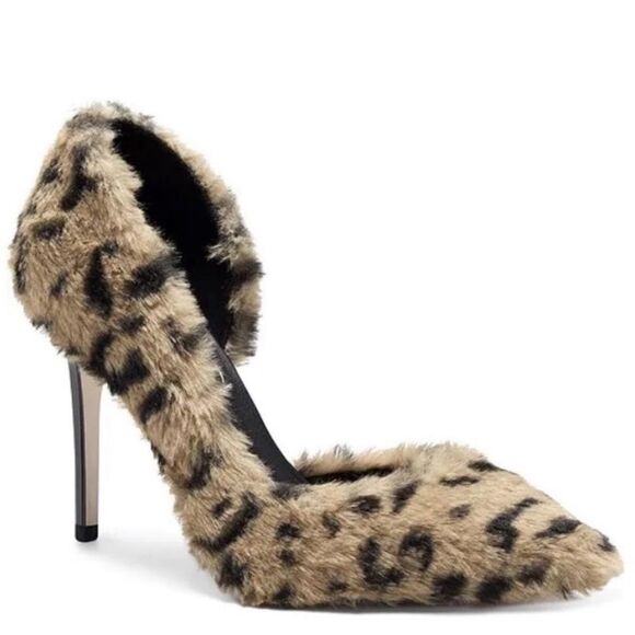 Jessica Simpson Prizma Leopard Print Faux Fur D’Orsay Stiletto Heels - Picture 1 of 8